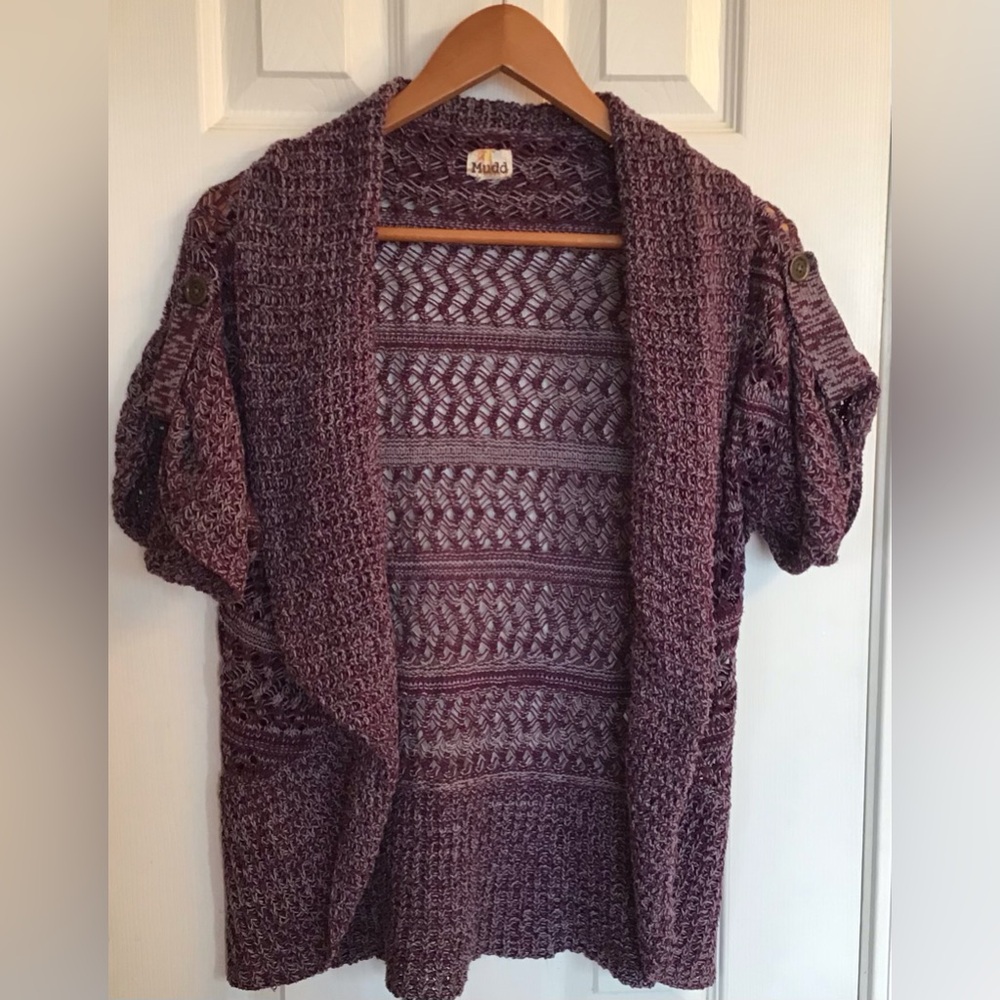 VTG Mudd Women Medium Purple Knit Crochet Cardigan Sweater Boho Layering Fall